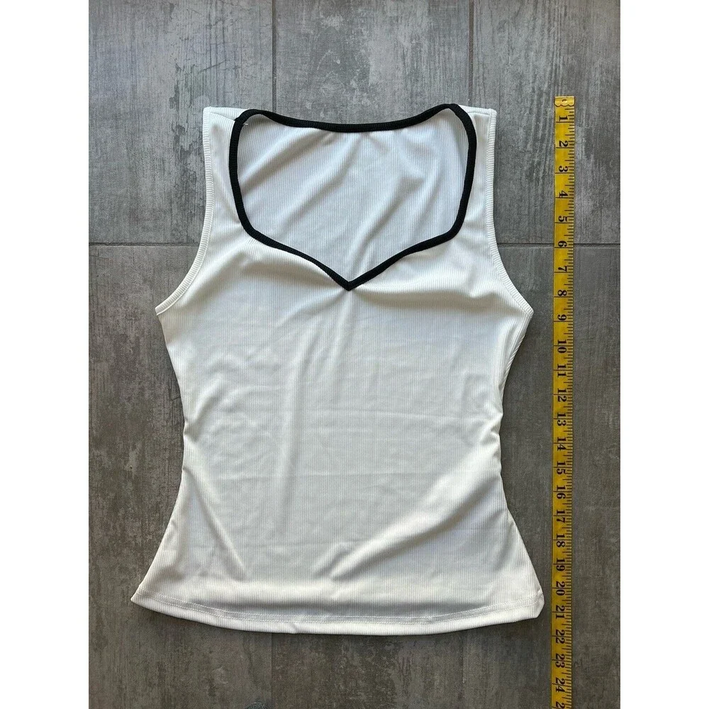Sweetheart Neck Ribbed Stretch White Black Trim Colorblock Casual Tank Top NEW M - Picture 7 of 10
